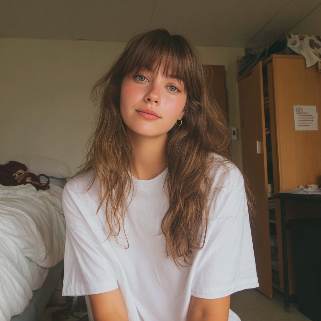 A young woman sitting in a dorm room | Source: Midjourney