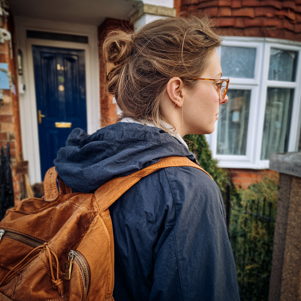 A woman standing outside a house with a backpack | Source: Midjourney