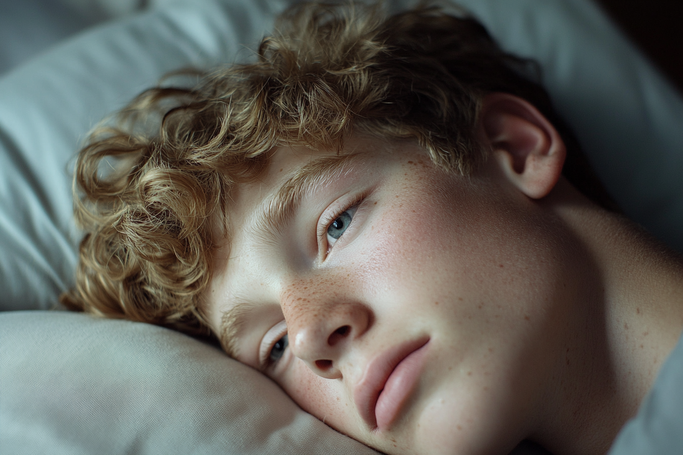 A young man lying awake in bed | Source: Midjourney