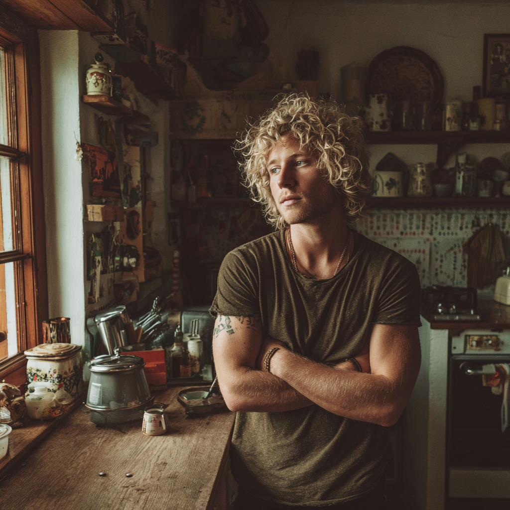 A man standing in a kitchen with folded arms | Source: Midjourney