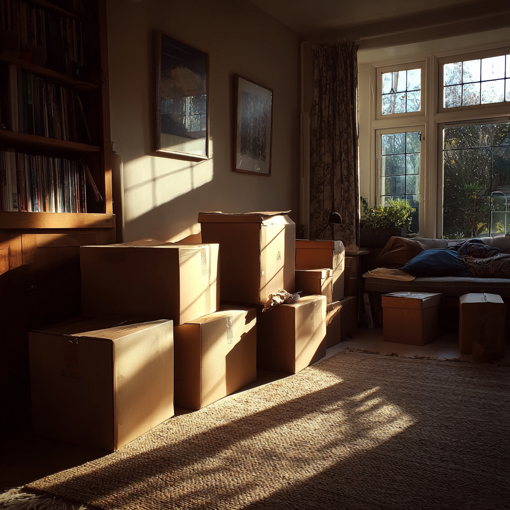 Cardboard boxes in a living room | Source: Midjourney