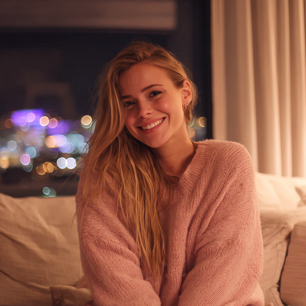 A smiling young woman sitting on a couch | Source: Midjourney