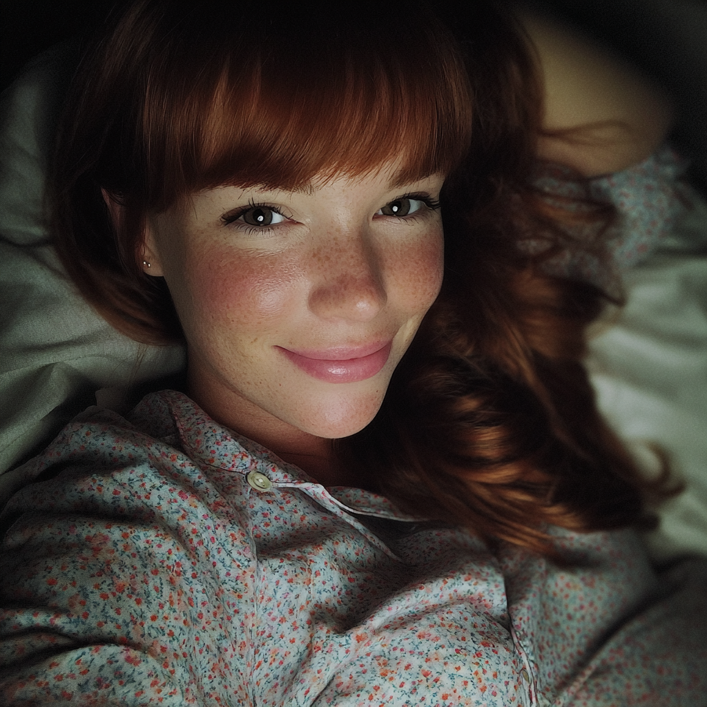 A smiling pregnant woman laying in bed | Source: Midjourney