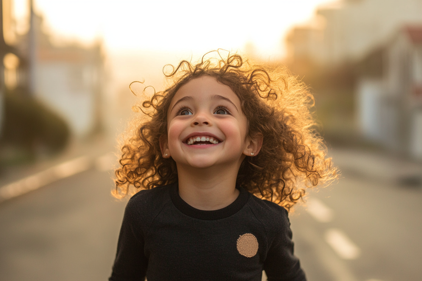 A girl smiling up at someone | Source: Midjourney