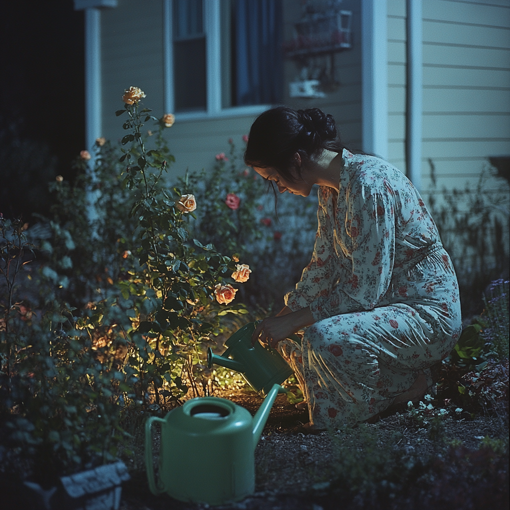 A woman working on a garden at night | Source: Midjourney