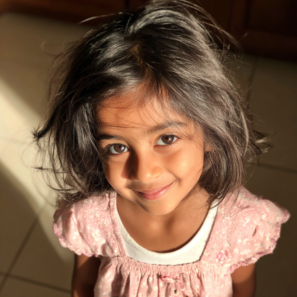 A smiling little girl with messy hair | Source: Midjourney