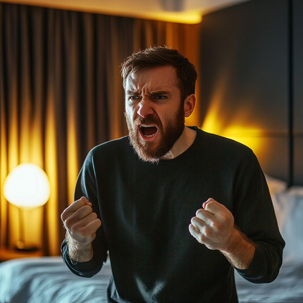 An angry man talking in a hotel room | Source: Midjourney