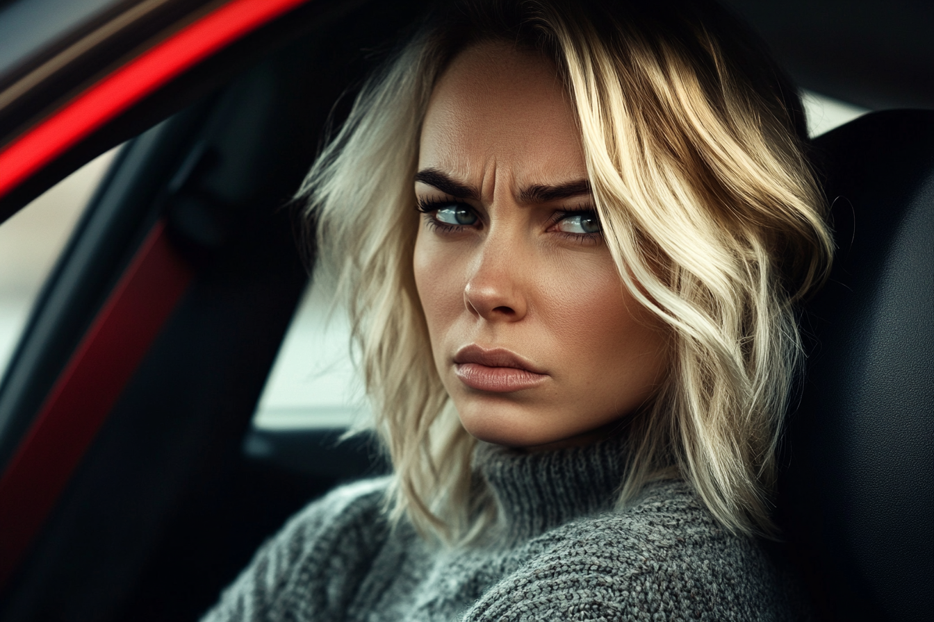 A frowning woman in a car | Source: Midjourney