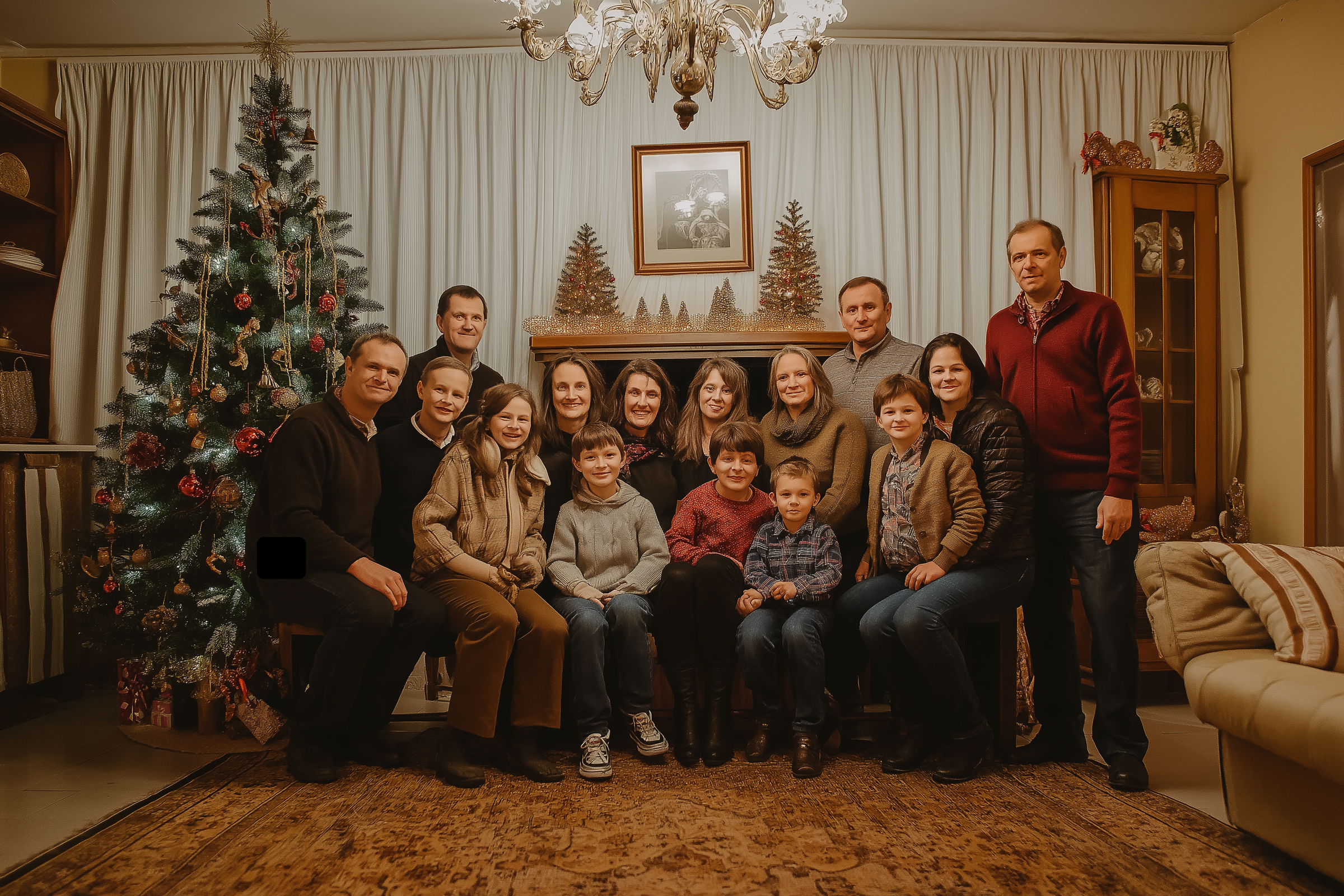 Family posing for a photo by the fireplace and Christmas tree | Source: Midjourney