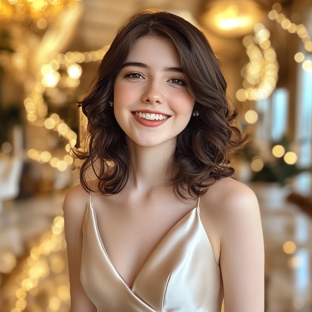 A smiling teenage girl in a champagne dress | Source: Midjourney