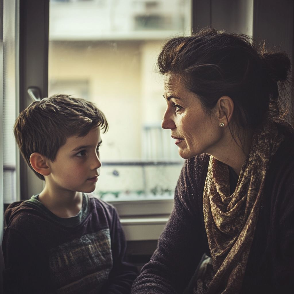 A concerned teacher speaking gently to a young boy | Source: Midjourney