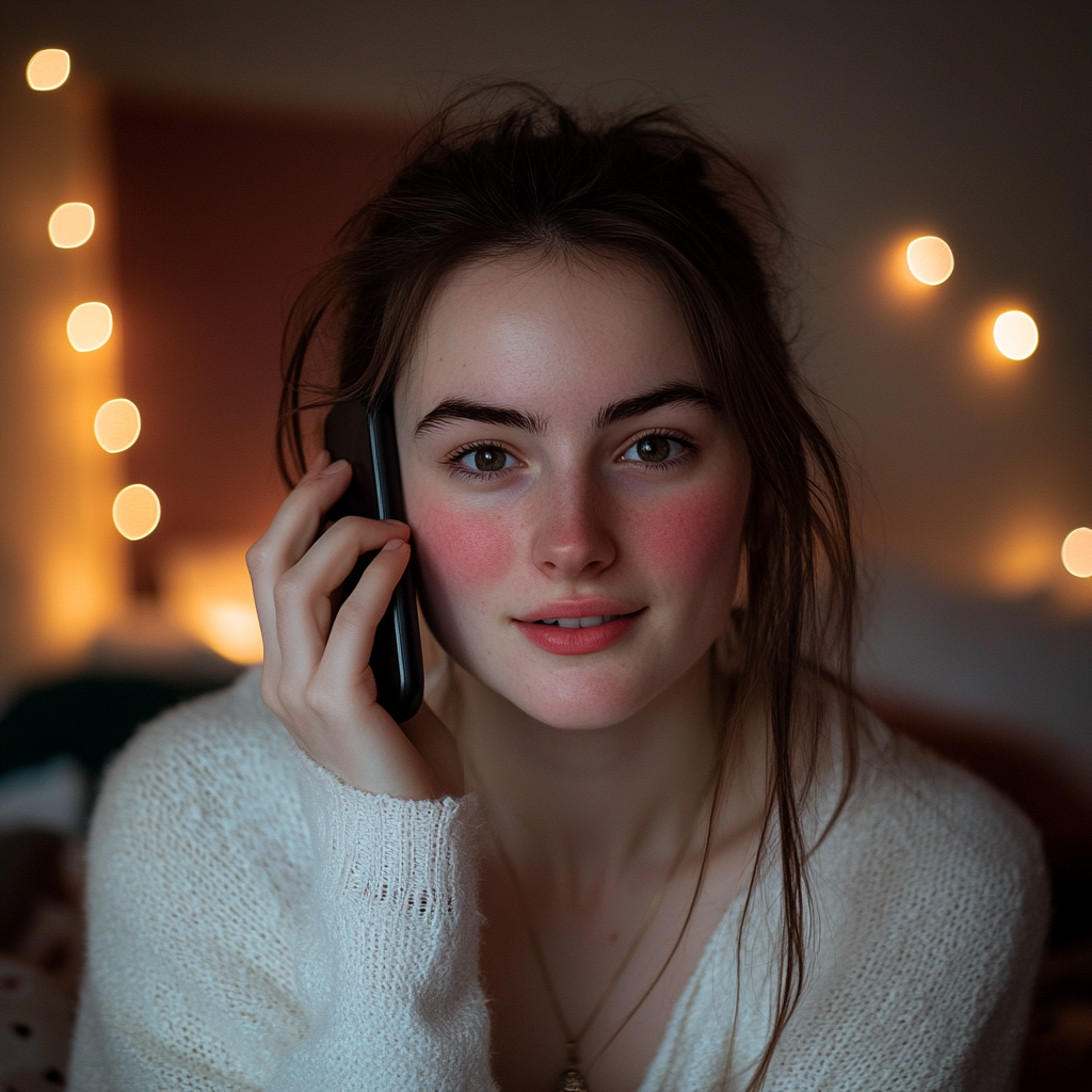 A woman looks a little amused while talking on the phone | Source: Midjourney