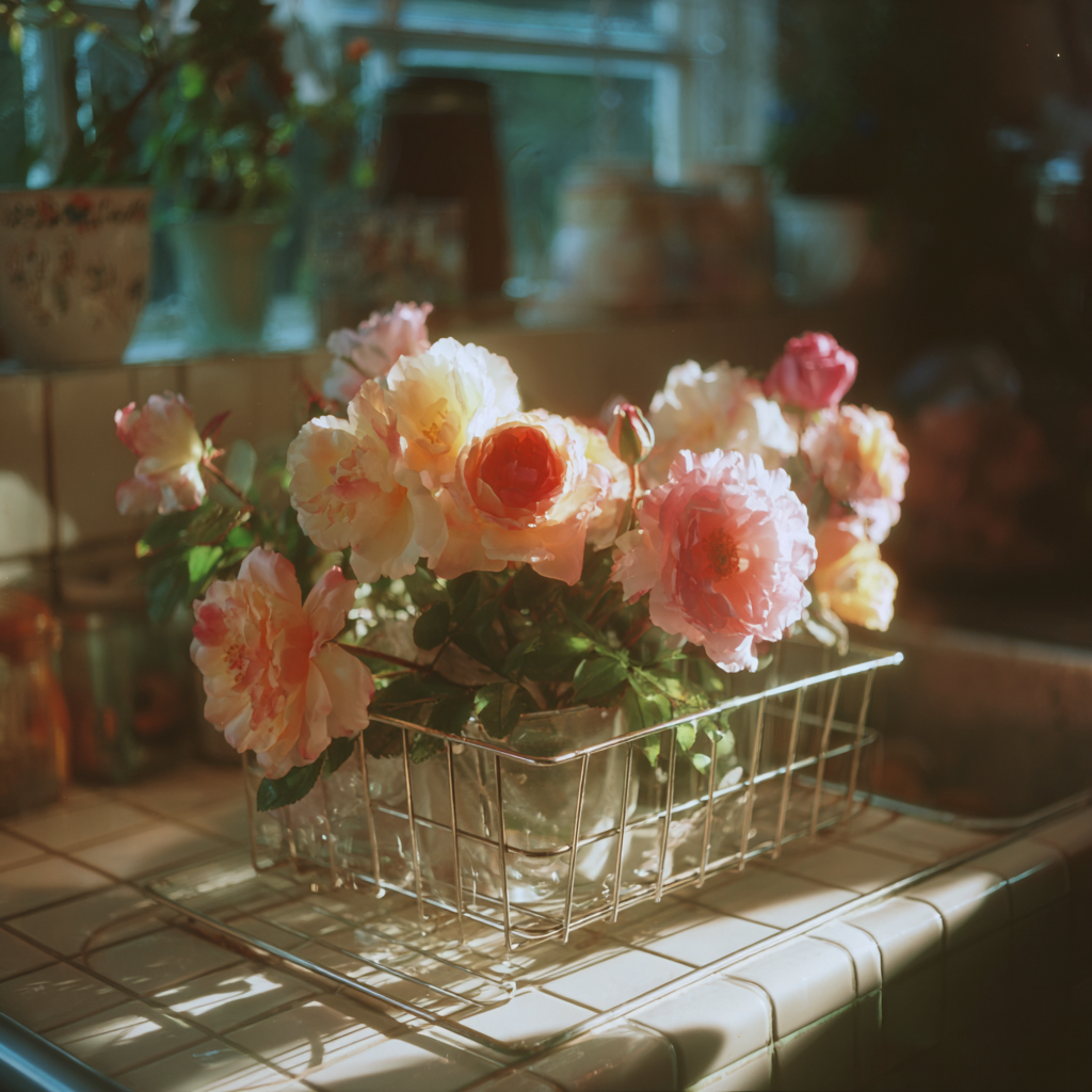 A dish rack filled with roses | Source: Midjourney
