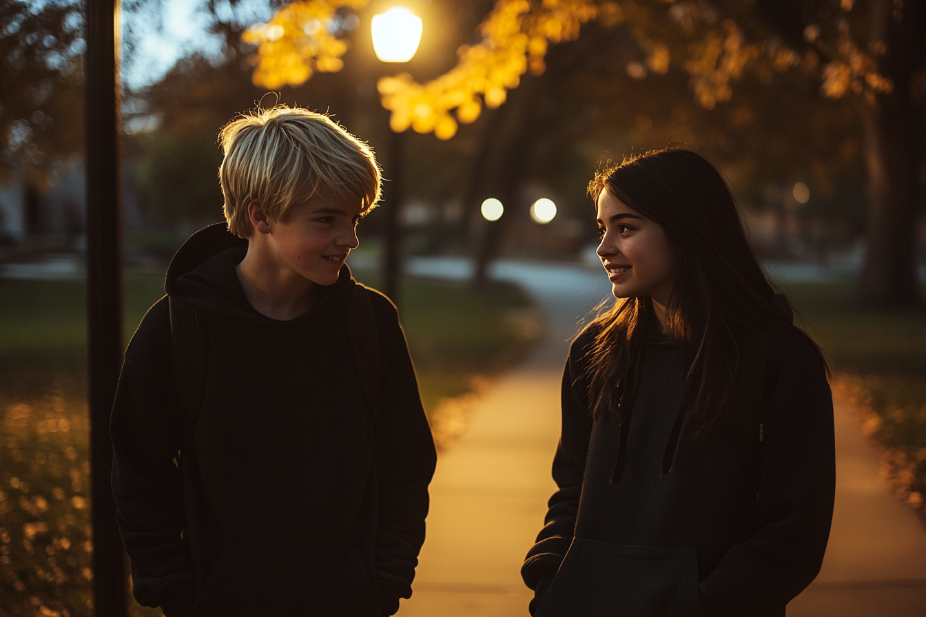 A blonde teenage boy and a teenage girl walking on a sidewalk next to a park at night | Source: Midjourney