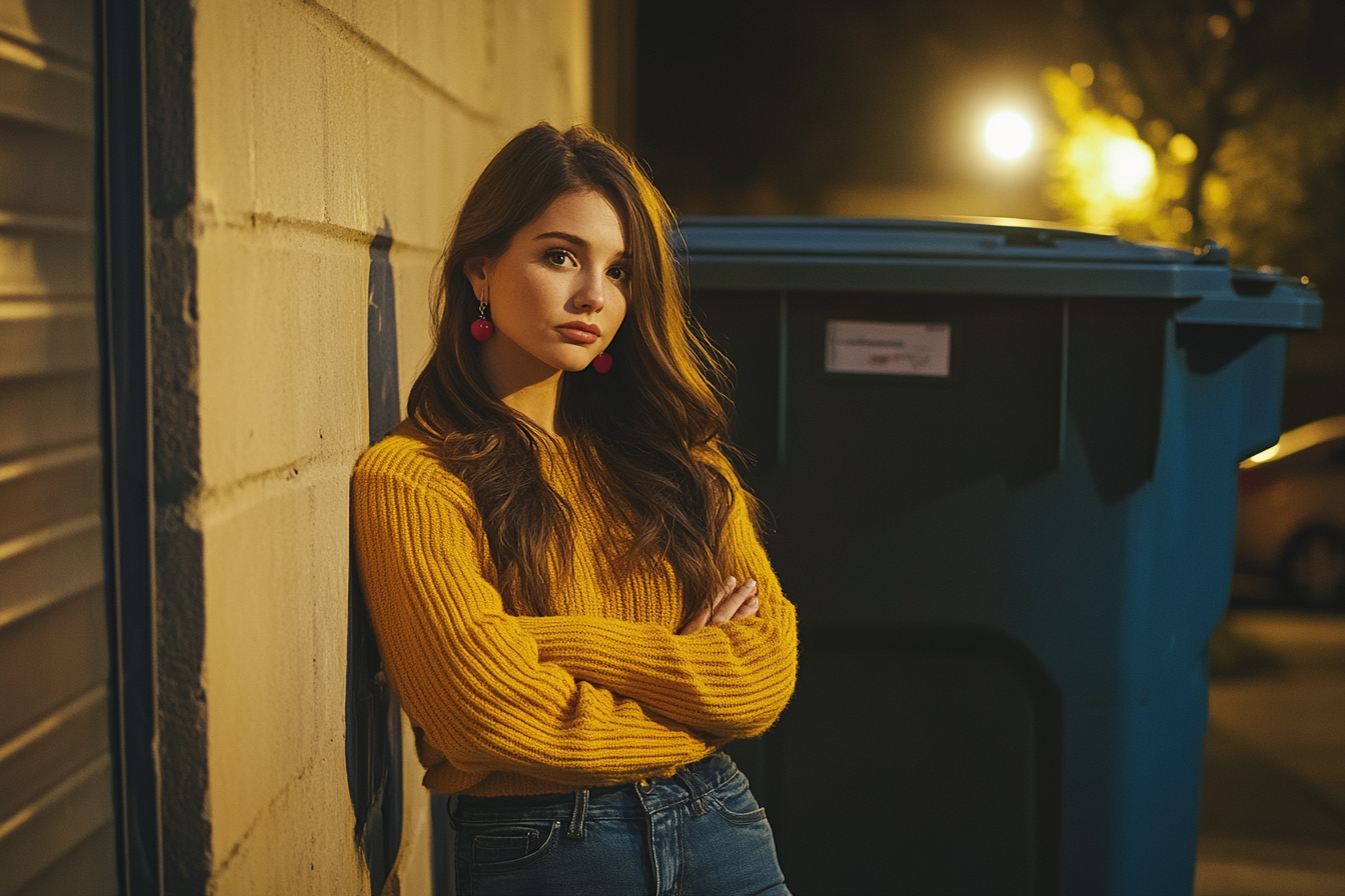 A determined woman in her 20s standing next to a dumpster with her arms crossed | Source: Midjourney