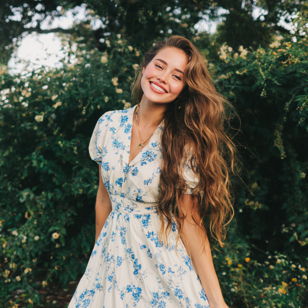 A smiling woman standing outside in a white dress | Source: Midjourney
