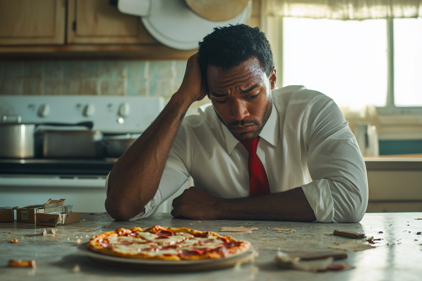 A man looking defeated, leaning on a kitchen table | Source: Midjourney