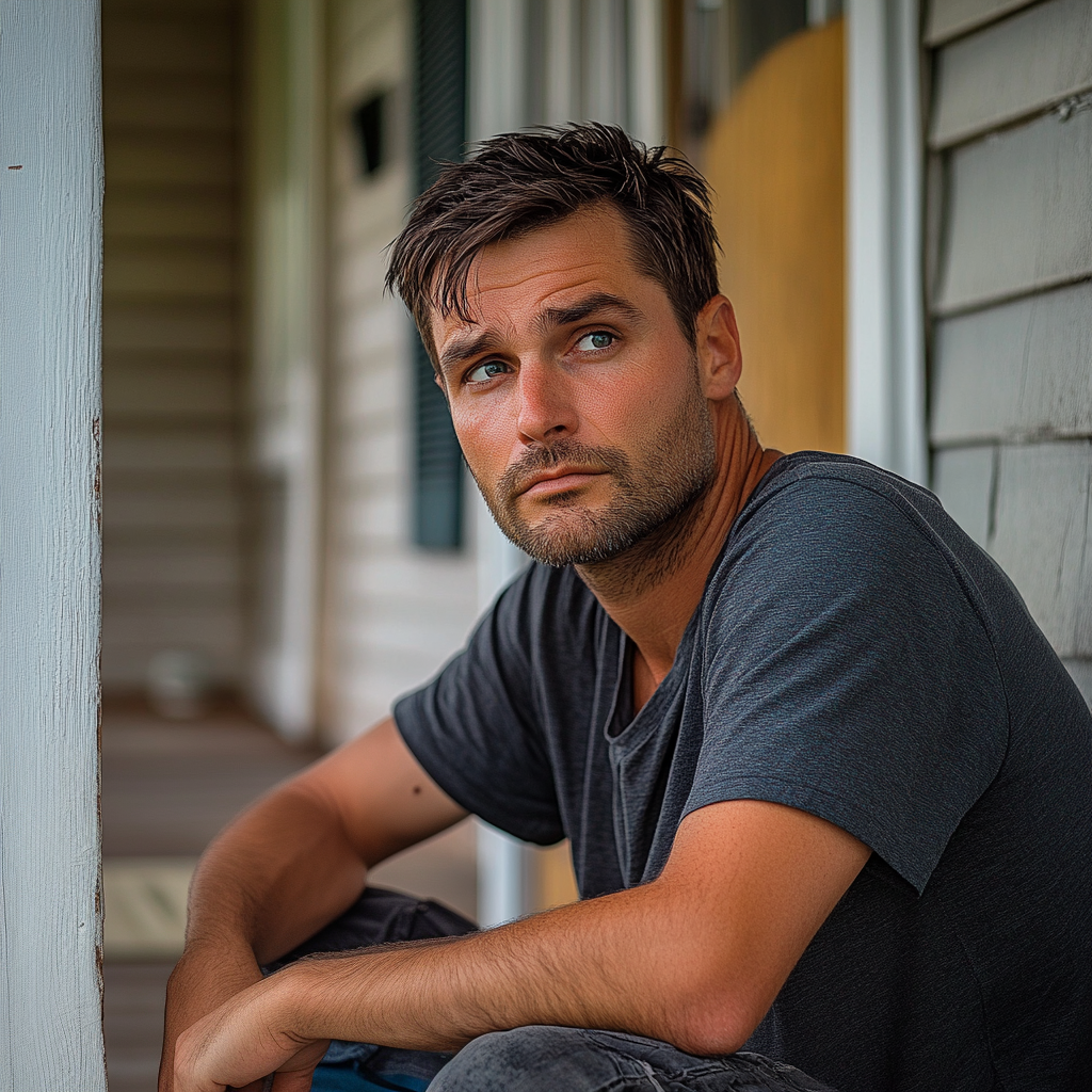 A man looks pensive while sitting on the front porch | Source: Midjourney