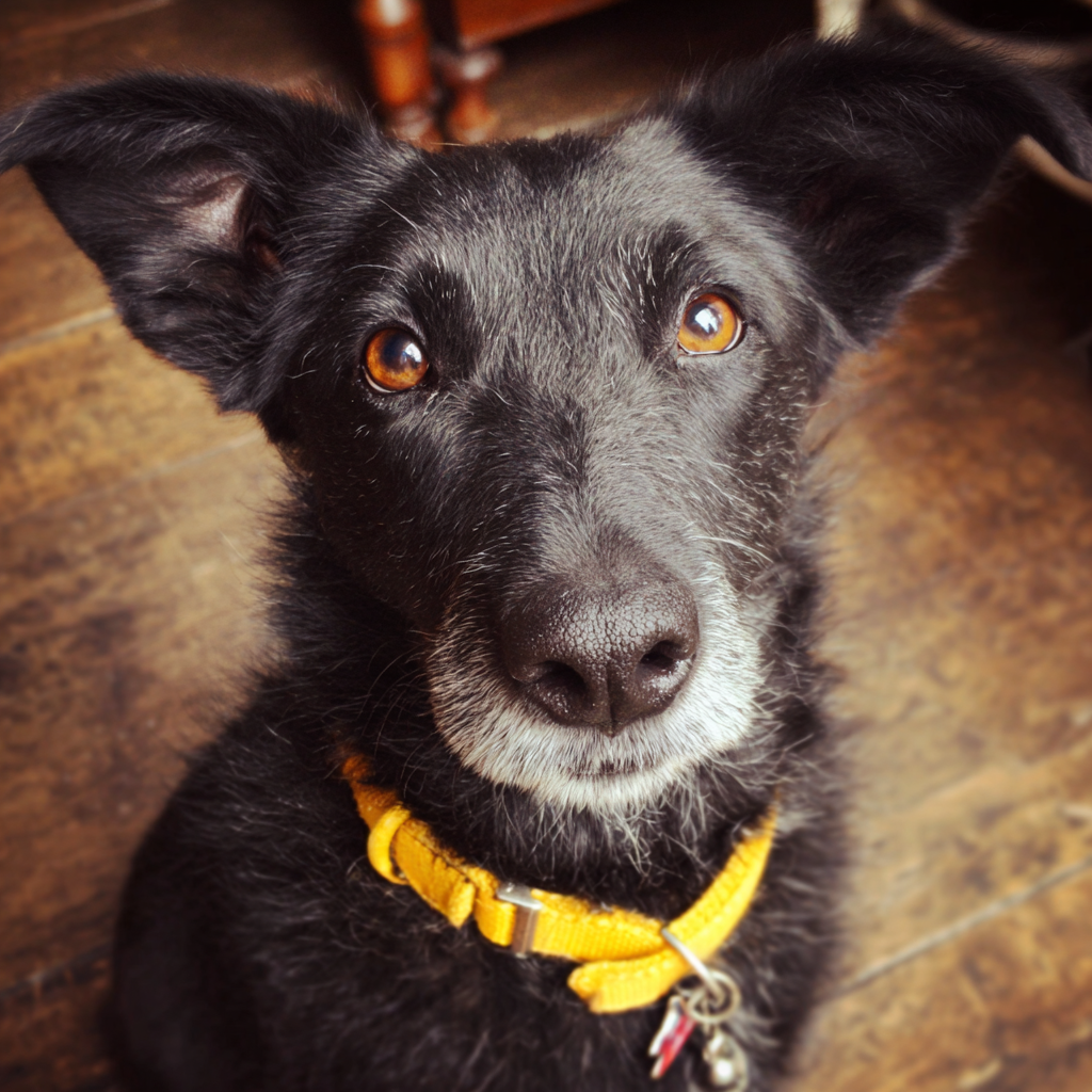 A close up of a dog wearing a yellow collar | Source: Midjourney