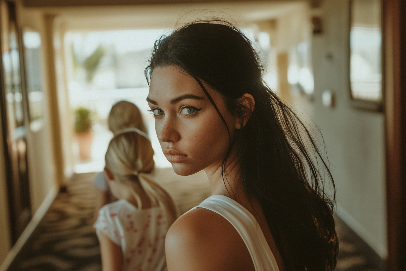 A black-haired woman in her 30s walks worried down a hotel hallway with two twin girls in the background | Source: Midjourney