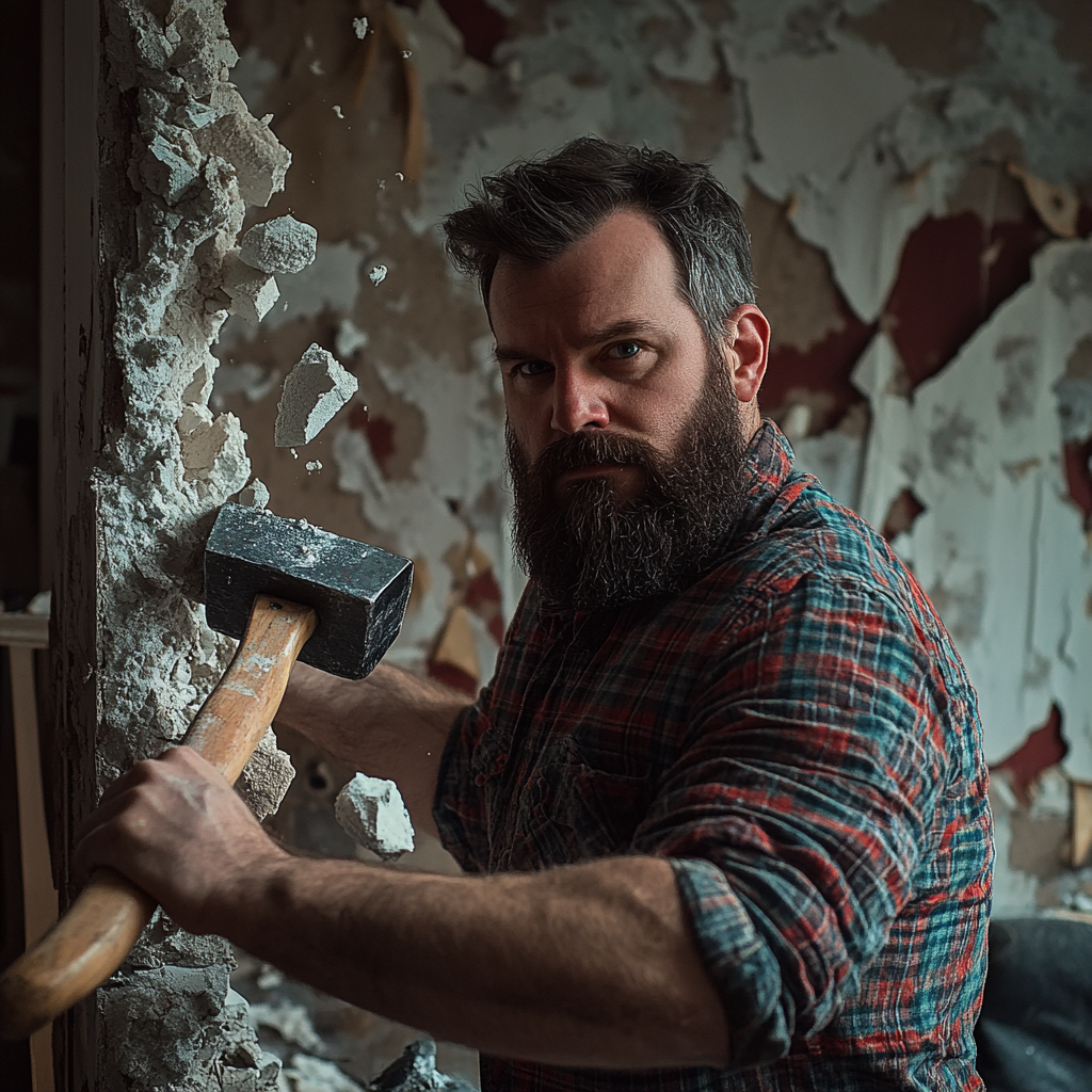 A man breaking a wall with a hammer | Source: Midjourney