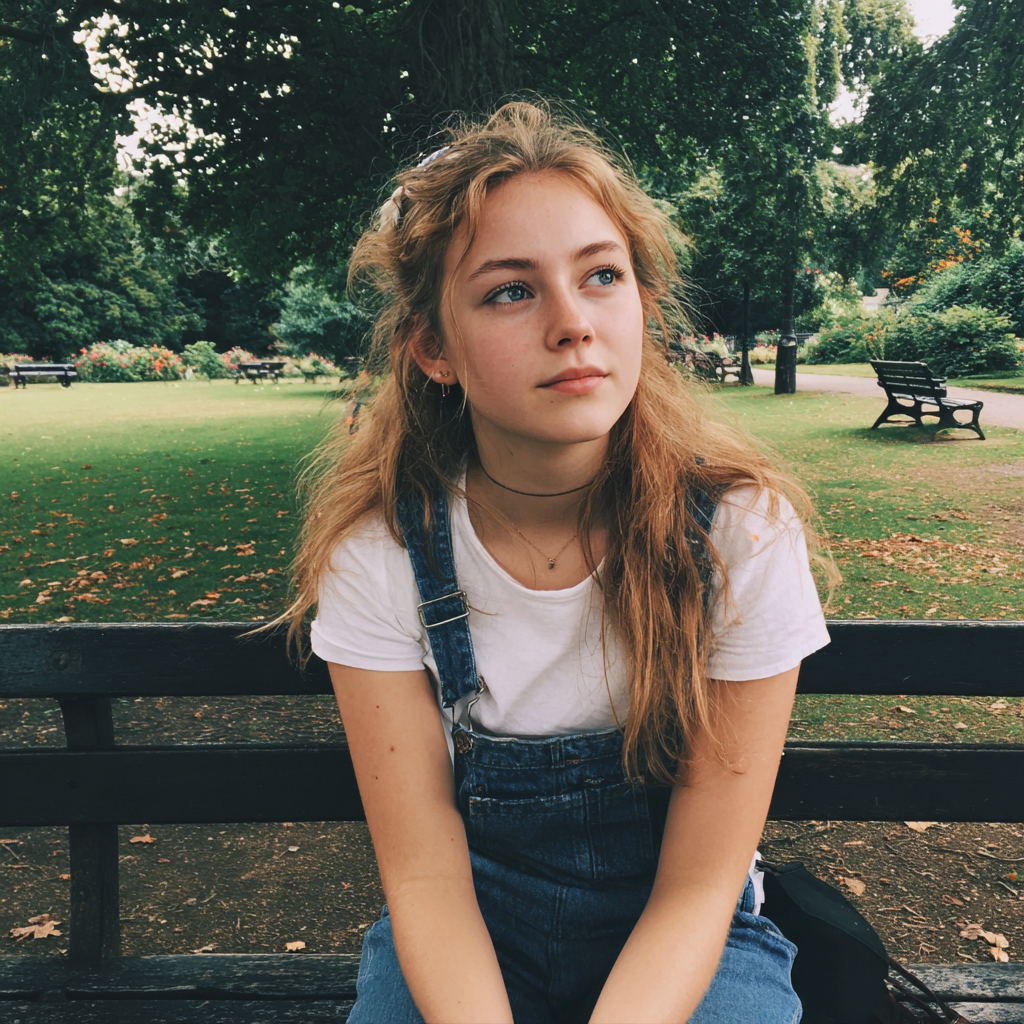 A teenage girl sitting on a park bench | Source: Midjourney