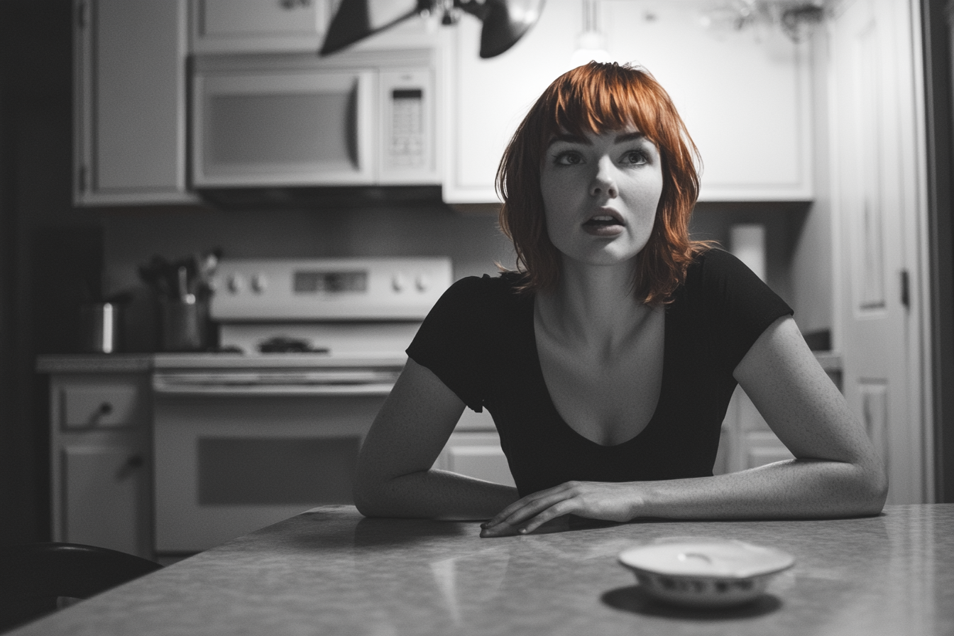 A woman seated at a kitchen table | Source: Midjourney