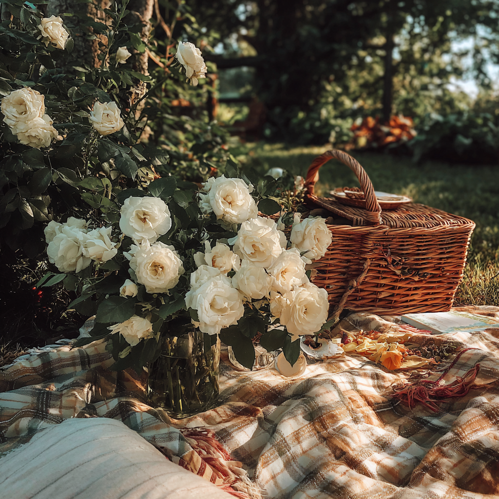 A vase of white roses on a picnic blanket | Source: Midjourney
