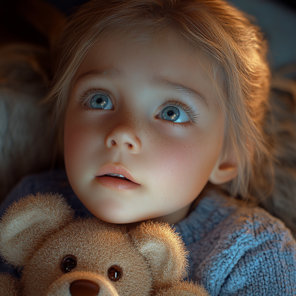 A sad little girl holding her teddy bear | Source: Midjourney