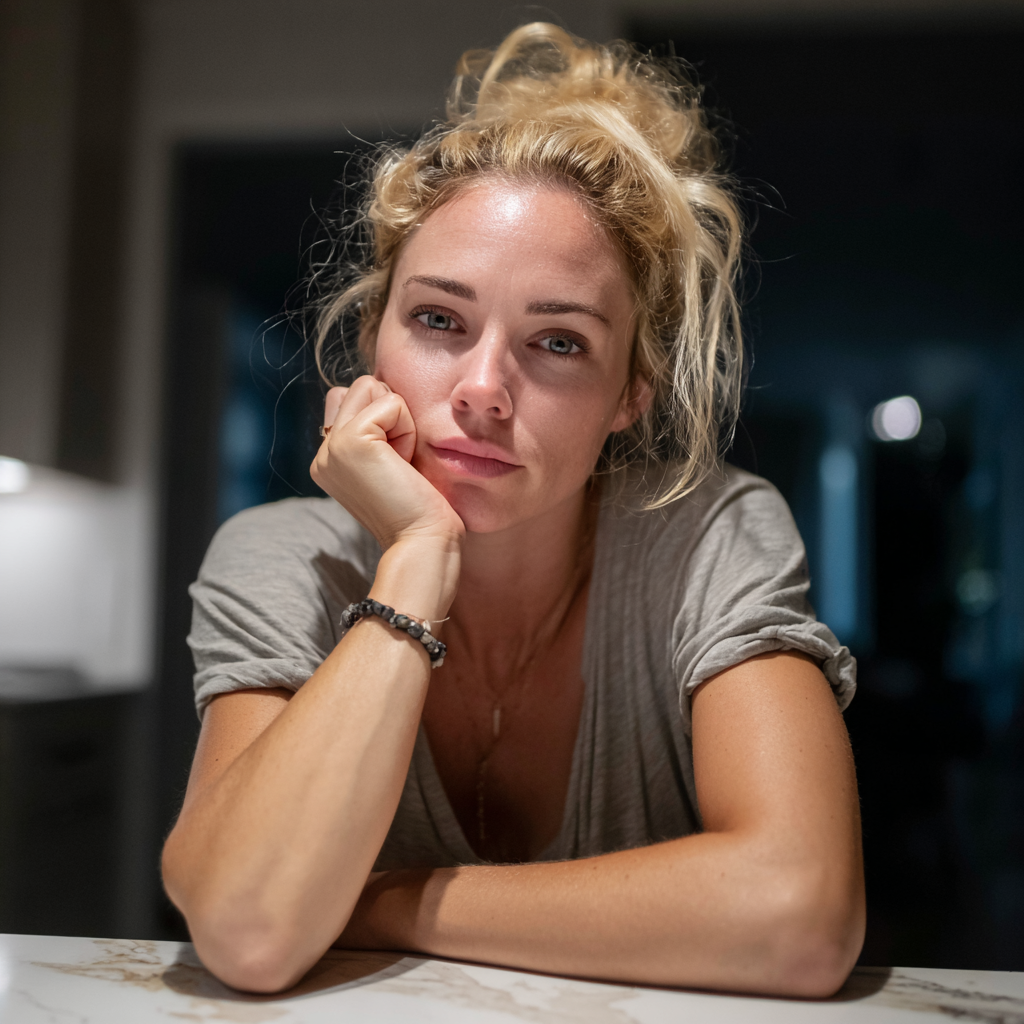 A pensive woman sitting at a table | Source: Midjourney