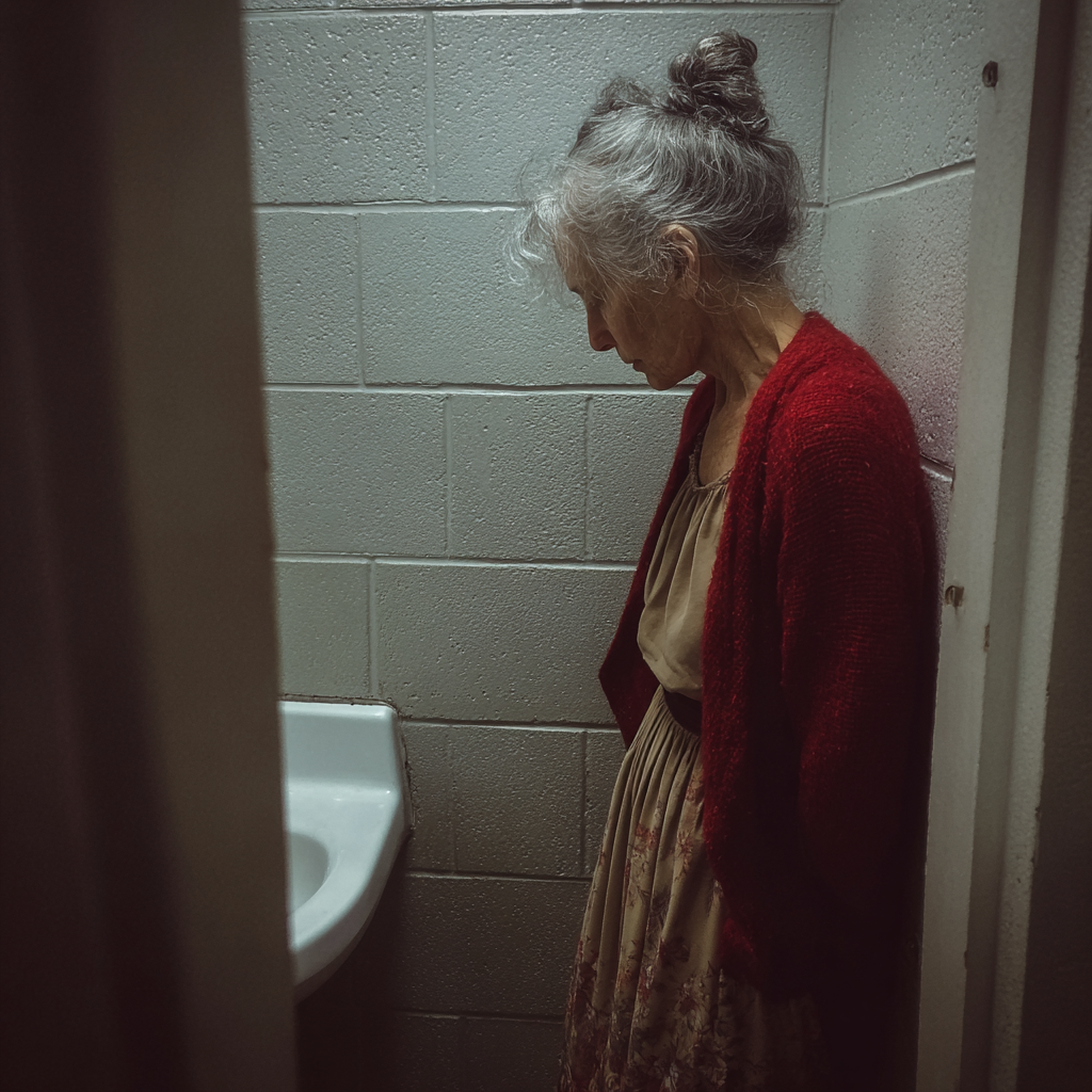 An old woman standing in a bathroom and looking at the floor | Source: Midjourney