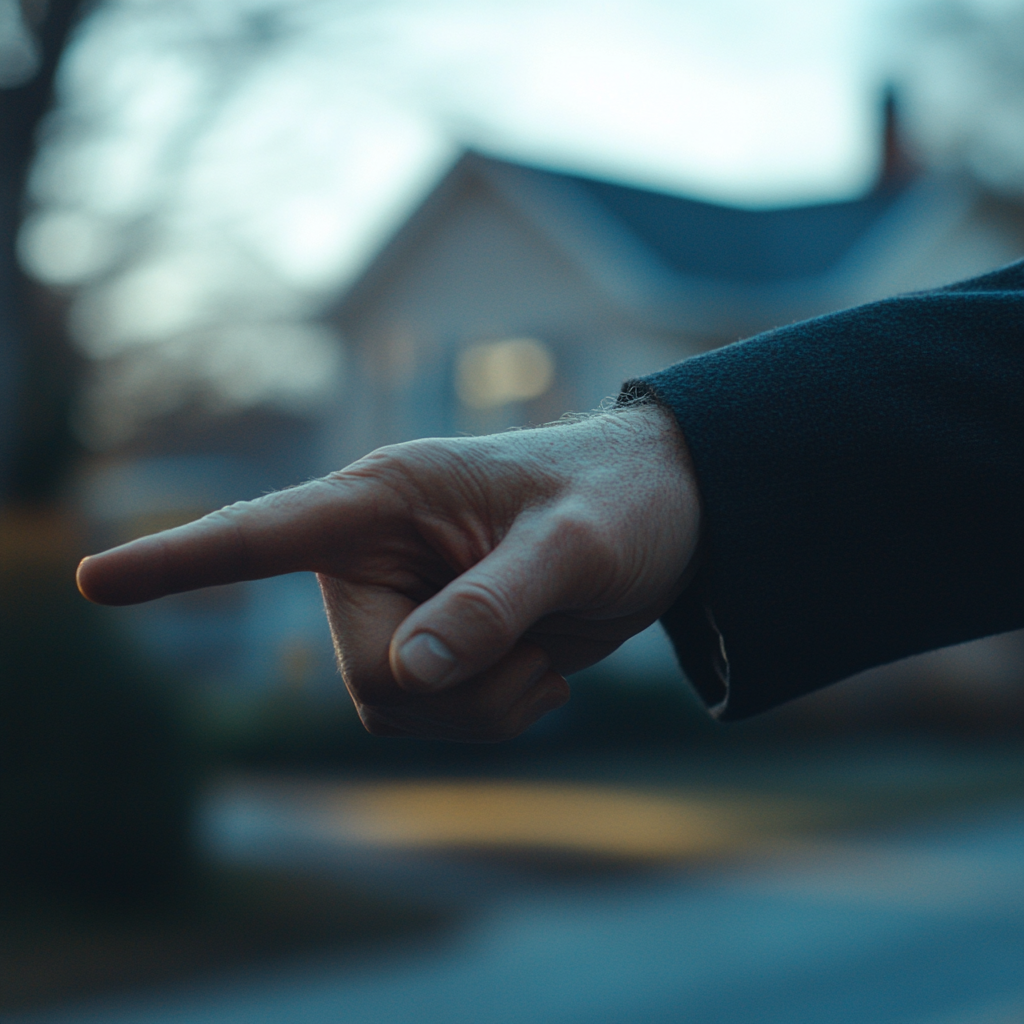 A man pointing his finger at a house | Source: Midjourney