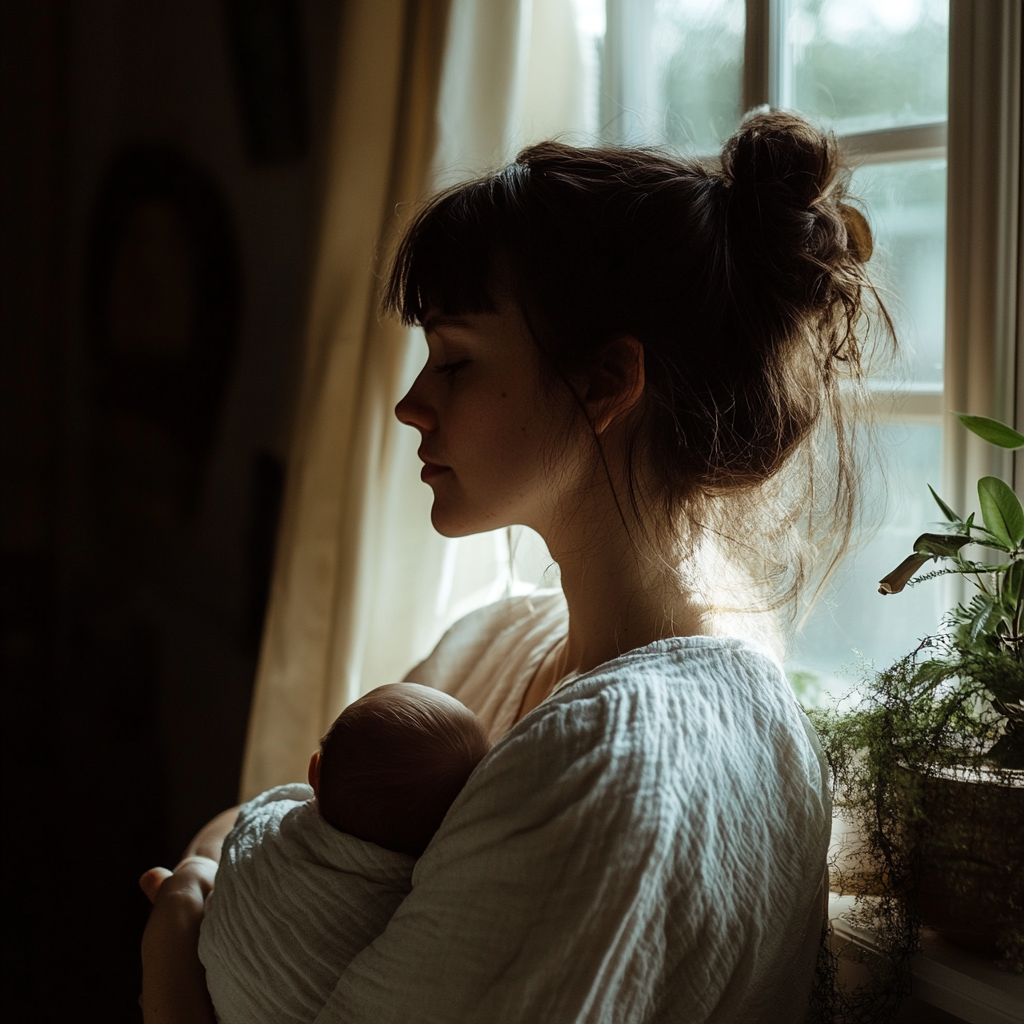 A side shot of a woman holding a baby | Source: Midjourney