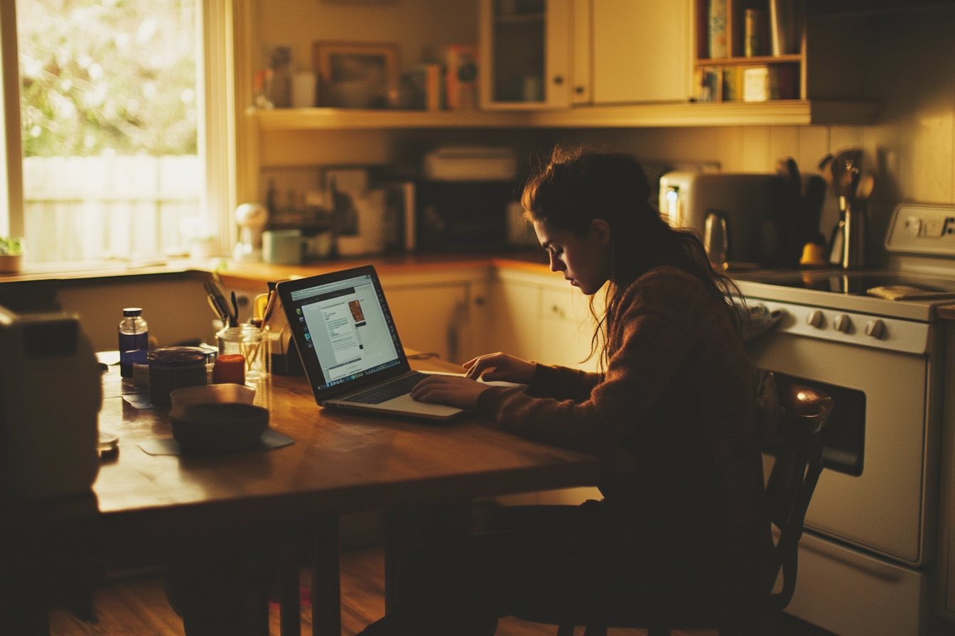 A tense woman working on a laptop | Source: Midjourney