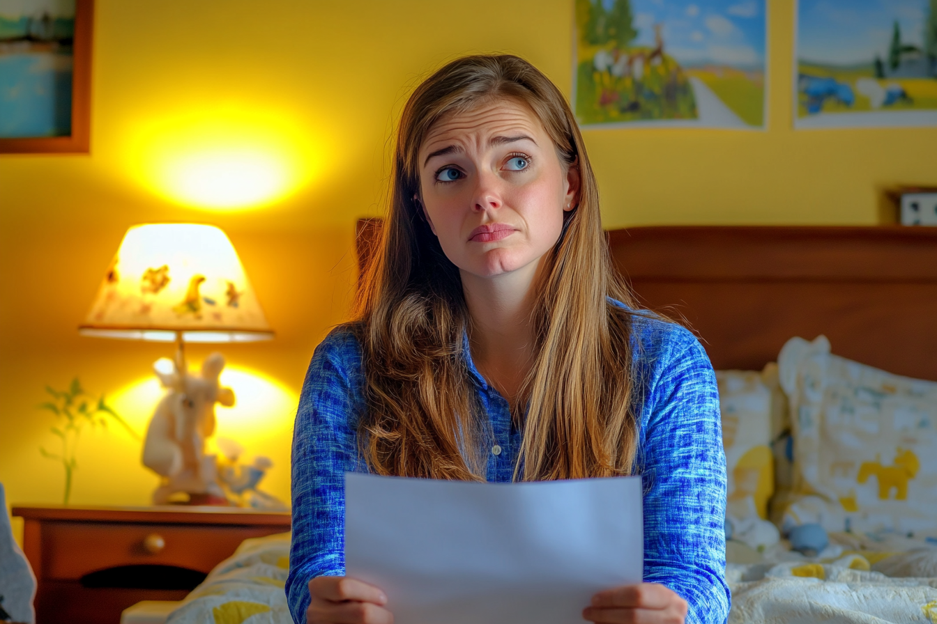 A woman sitting on a child's bed holding a paper page | Source: Midjourney