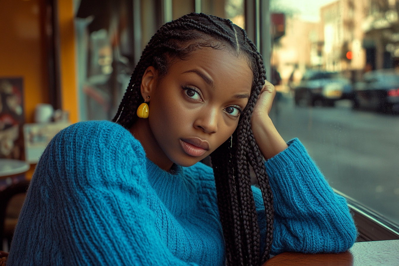 A woman leaning on a café table looking surprised | Source: Midjourney