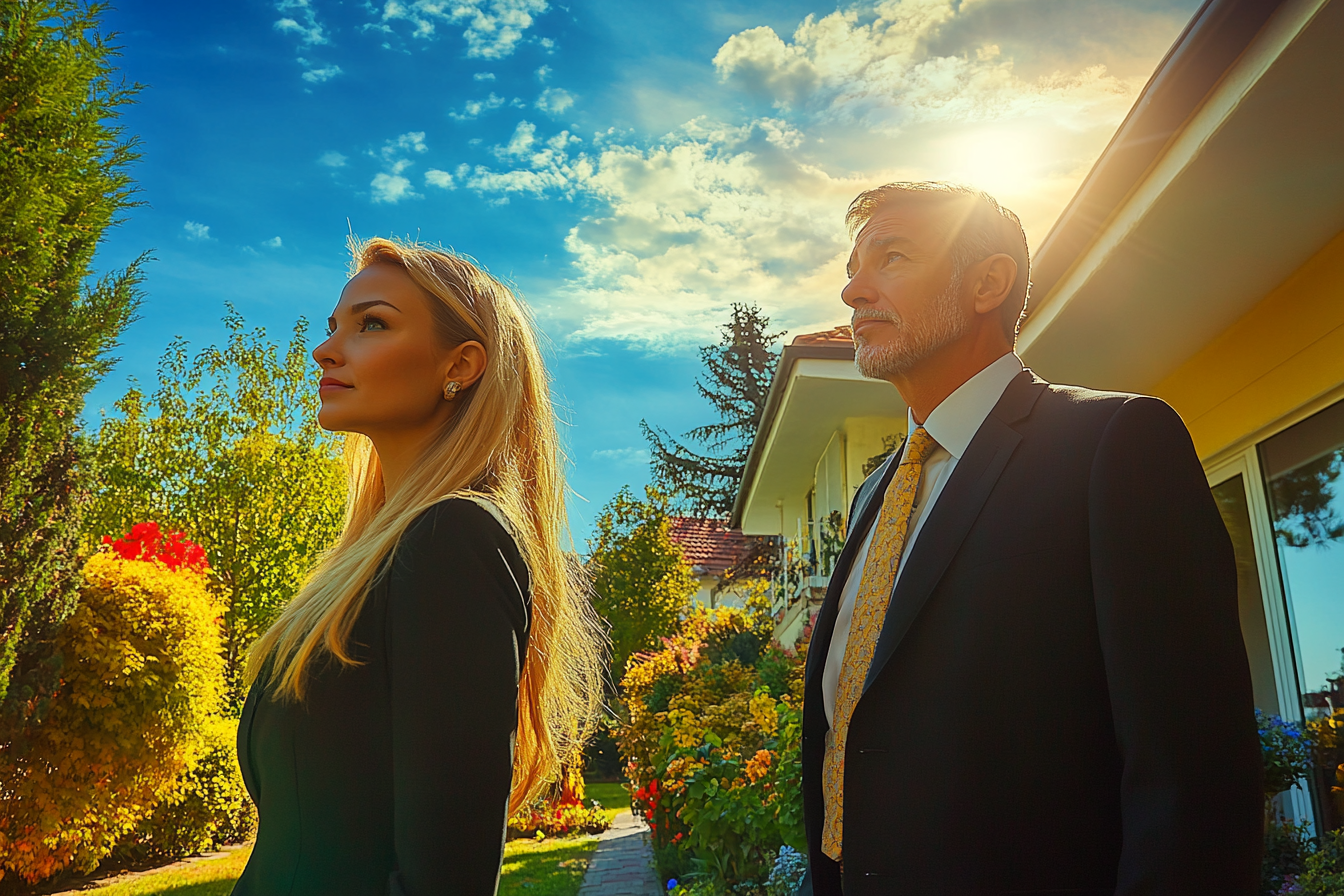 A man and woman standing in a back yard | Source: Midjourney