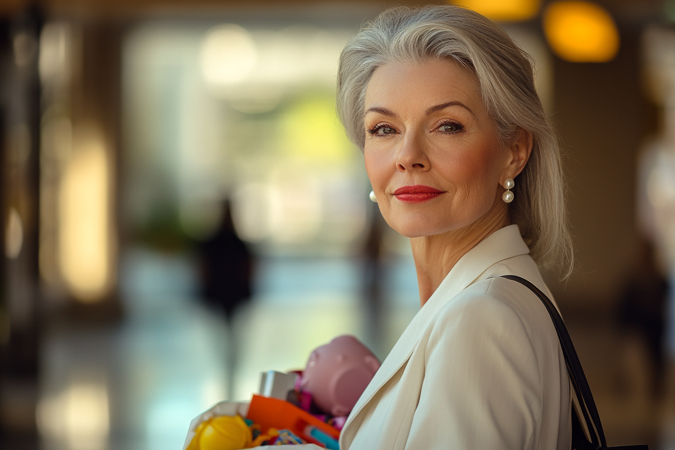 Woman in her 60s walking through the mall holding bags of toys | Source: Midjourney