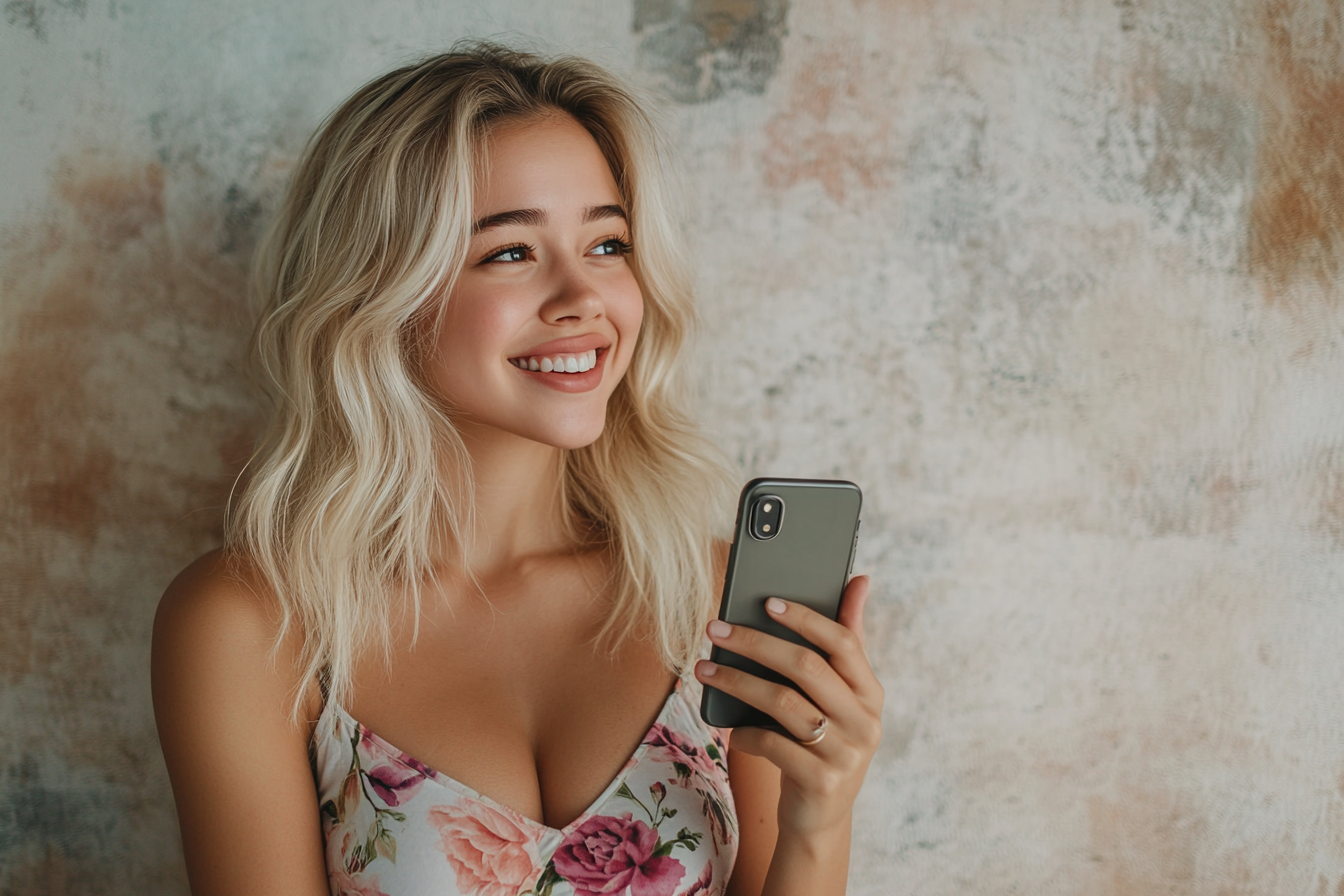 A smiling woman holding her phone | Source: Midjourney