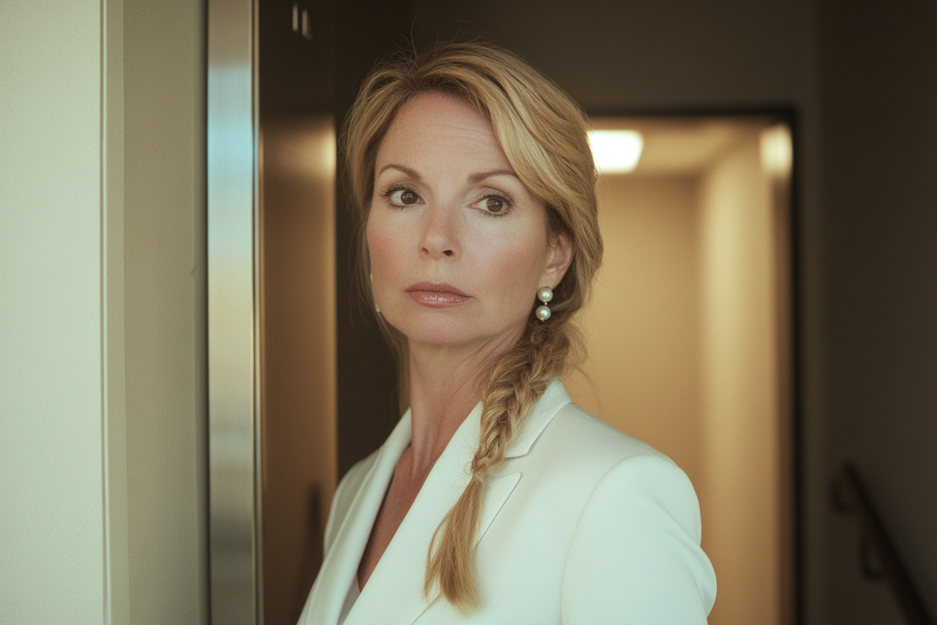 A serious woman in her 40s standing outside the door of an apartment | Source: Midjourney