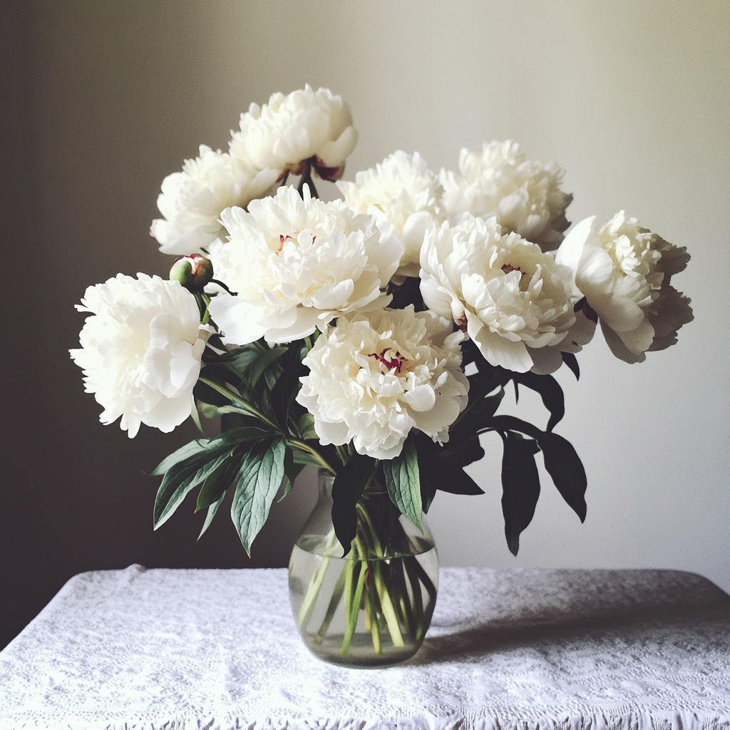 A bouquet of white peonies on a table | Source: Midjourney