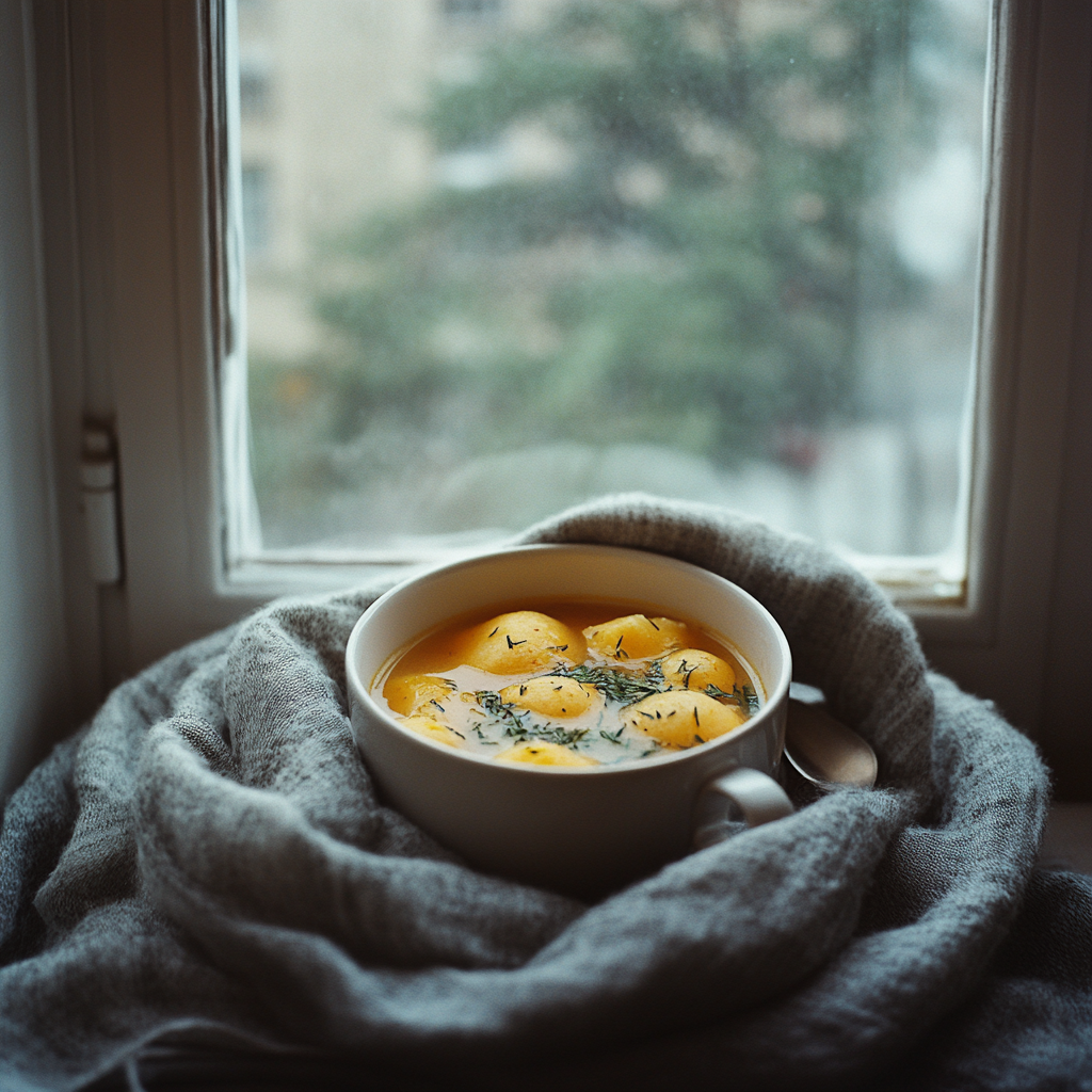 A large cup of soup and a gray scarf | Source: Midjourney