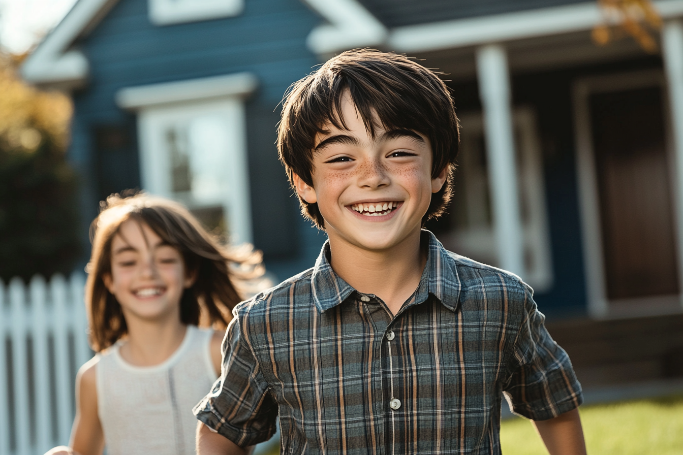 Two siblings playing in a yard in front of a two-story house with a white picket fence | Source: Midjourney