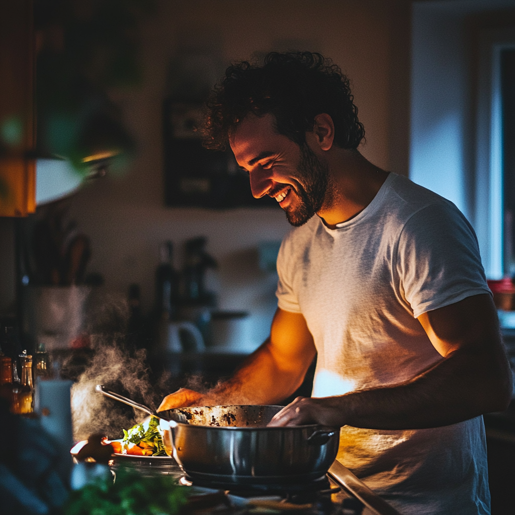 A smiling man cooking | Source: Midjourney