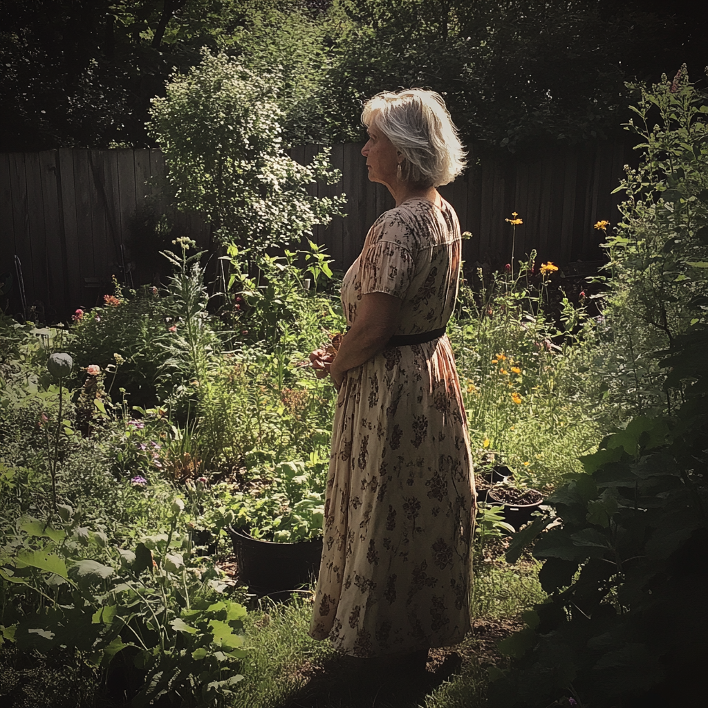 A woman standing in a garden | Source: Midjourney