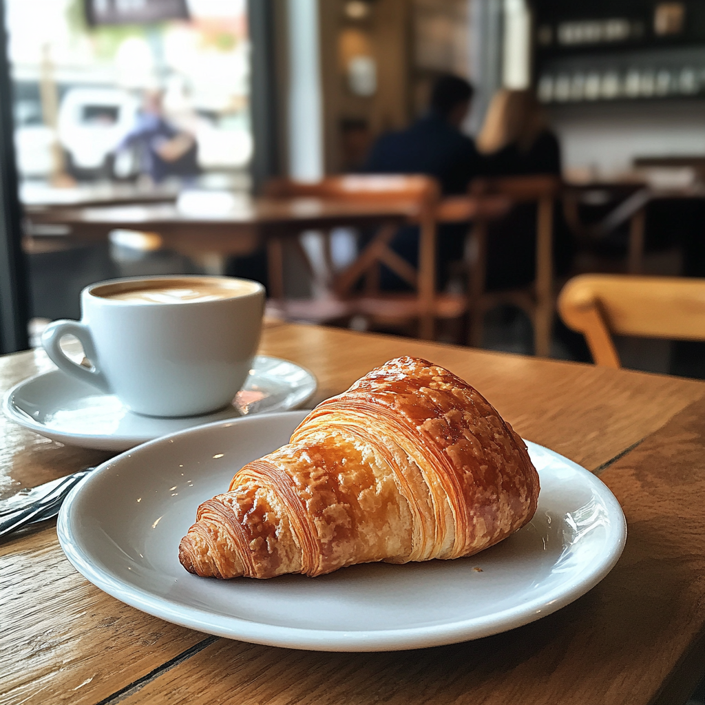 A croissant and coffee at a coffee shop | Source: Midjourney