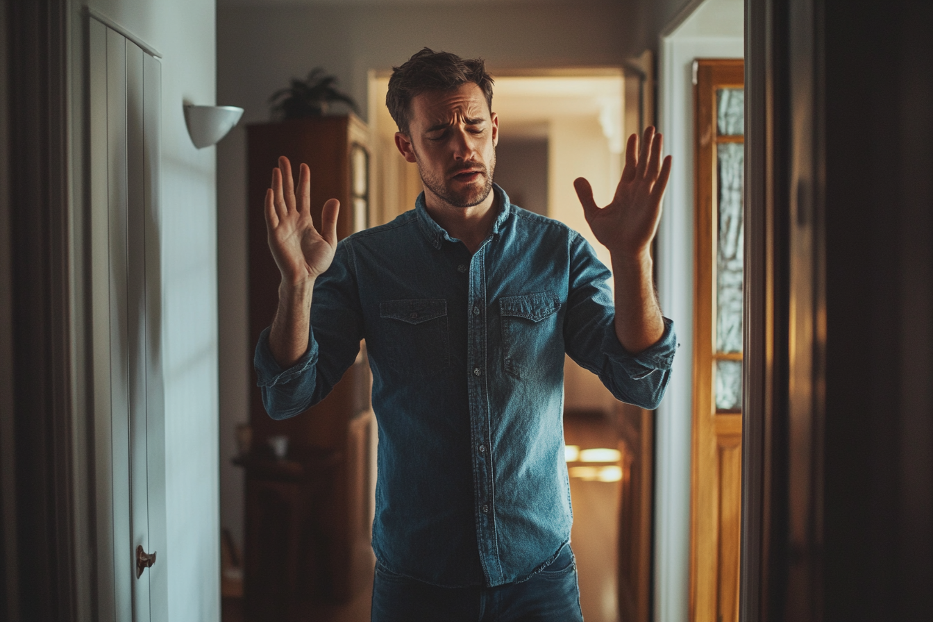 A man standing in a hallway speaking to someone | Source: Midjourney