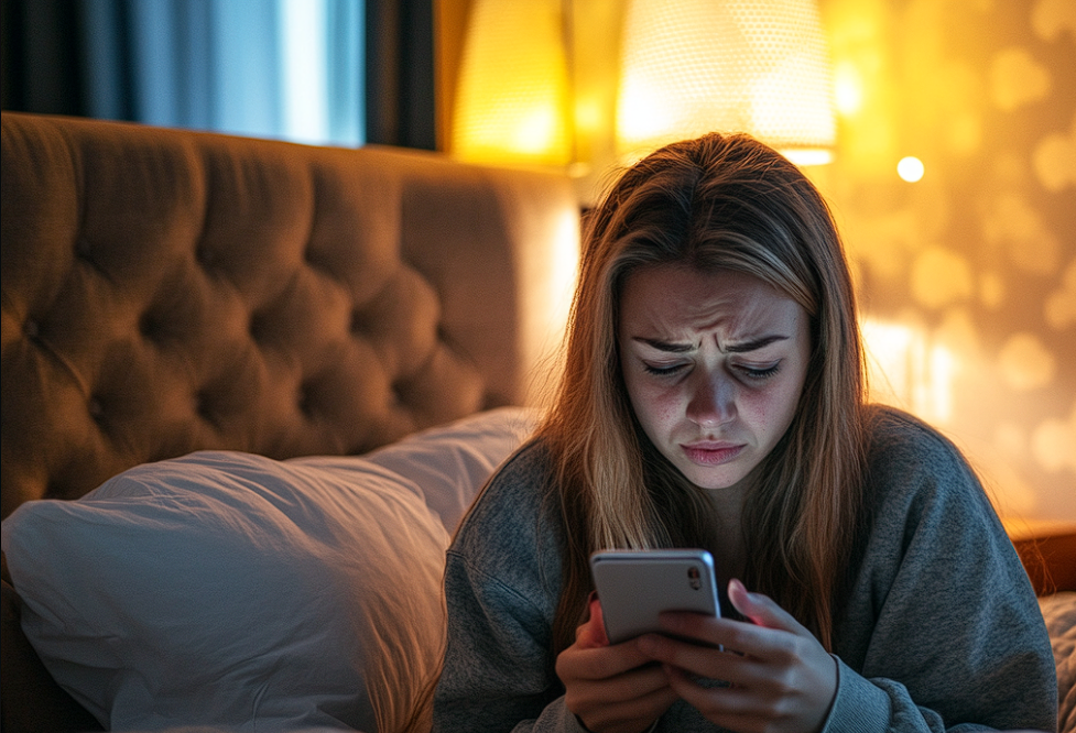 A worried woman in a hotel room | Source: Midjourney