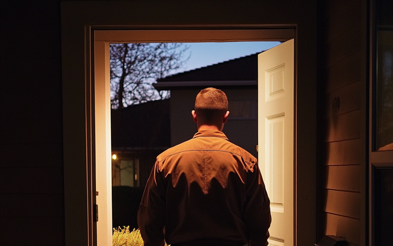 A man walking out of a house | Source: Midjourney
