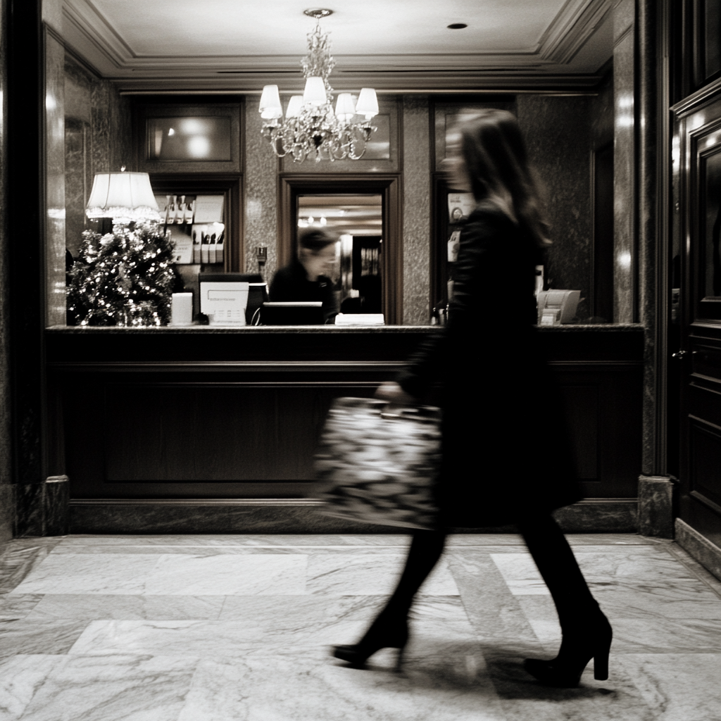 A woman leaving a hotel | Source: Midjourney